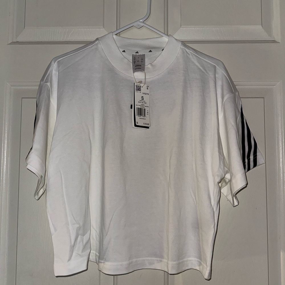 adidas White Tee with Black Sleeve Stripes womens size s